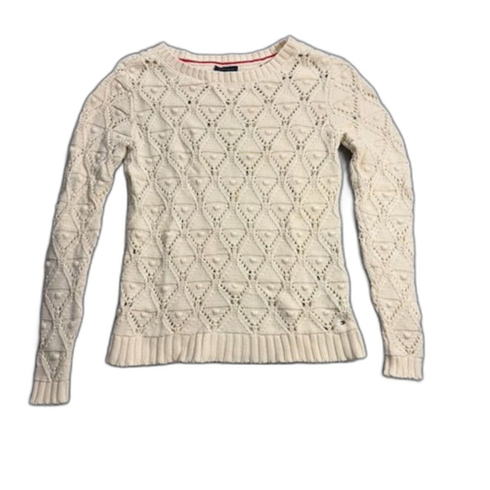 Tommy Hilfiger Sweater Womens Medium Cream Cable Knit Textured Crewneck Classic